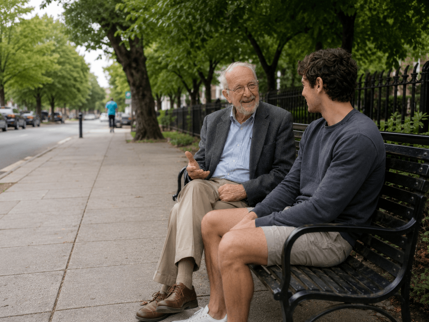 Grandfather and his grandson talking on a park bench, sharing life stories